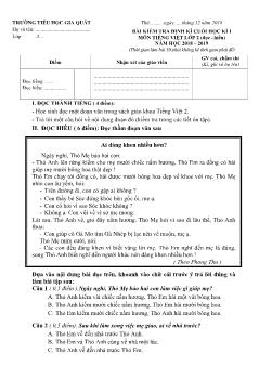 Đề kiểm tra định kì cuối học kì I môn Tiếng Việt Lớp 2 - Năm học 2018-2019 - Trường TH Gia Quất