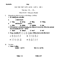 Bộ đề thi thử giữa học kì II môn Toán Lớp 4