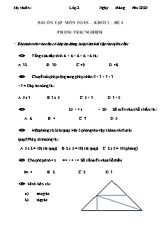 Bài ôn tập môn Toán Lớp 2 (Có đáp án)