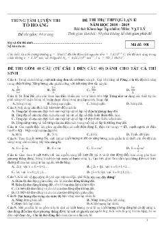 Đề thi thử THPTQG lần 12 môn Vật lý - Trung tâm luyện thi Tô Hoàng - Năm học 2018-2019 (Mã đề 001) (Có đáp án)