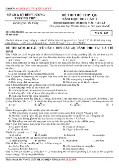 Đề thi thử THPTQG năm 2019 lần 1 môn Vật lý - Trường THPT Bình Dương (Mã đề 005) (Có đáp án)
