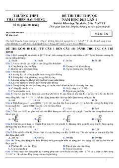 Đề thi thử THPTQG năm học 2019 lần 1 môn Vật lý - Trường THPT Thái Phiên Hải Phòng (Mã đề 132) (Có đáp án)