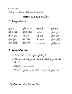Phiếu bài tập Toán + Tiếng Việt Lớp 1 - Trường Tiểu học Hoàng Lê - Tuần 4