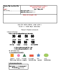 Đề cương ôn tập Tiếng Anh Lớp 4 - Tuần 4 - Năm học 2021-2022 - Trường Tiểu học Nhơn Phú C