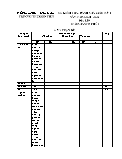 Đề kiểm tra Địa lí 9 cuối học kì I - Năm học 2021-2022 - Trường THCS Sơn Tiến (Có đáp án + Ma trận)