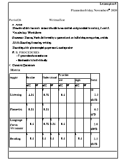 Kế hoạch bài dạy Tiếng Anh 8 - Tuần 10, Tiết 26 đến 30 - Năm học 2020-2021