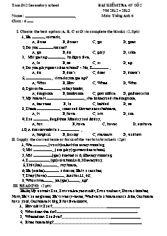 Bài kiểm tra 45 phút Tiếng Anh 6 - Đề 2 - Năm học 2012-2013 - Trường THCS Tâm Di 2