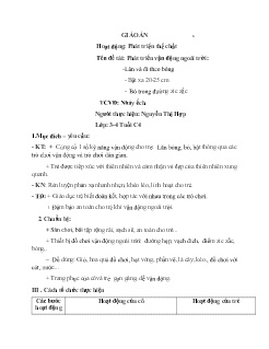 Giáo án Mầm non Lớp Mầm - Đề tài: Phát triển vận động ngoài trời Lăn và đi theo bóng. Bật xa 20-25 cm. Bò trong đường zic zắc. Trò chơi vận động Nhảy ếch - Nguyễn Thị Hợp